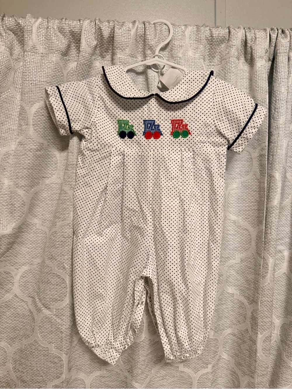 Polka Dot Baby Romper with Colorful Train Embroidery